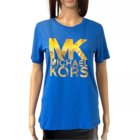 Michael Kors Blue Tee Womens Short Sleeves Crew Neck Gold Logo Size XS - NWT $78 - Picture 1 of 11
